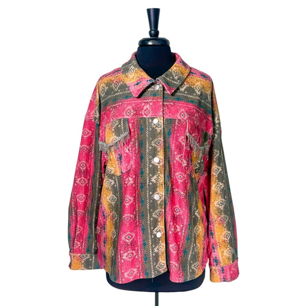 Savanna Jane Womens 2X Pink Green Aztec Fringe Jacket Shacket Western Boho Chic